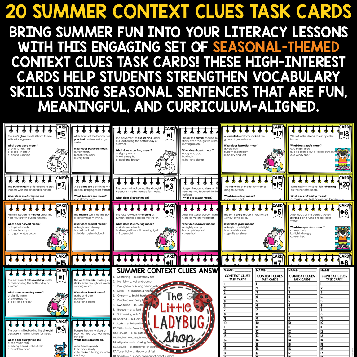 Summer End of Year Context Clues Task Cards Worksheets 3rd 4th Grade