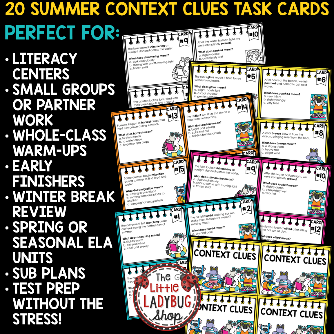 Summer End of Year Context Clues Task Cards Worksheets 3rd 4th Grade