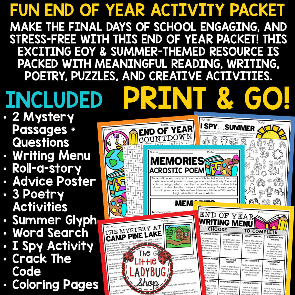 Last Week of School End of Year Reading Writing Activities 3rd 4th Grade