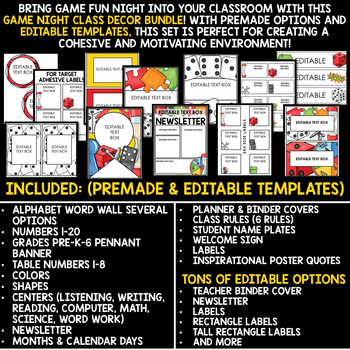 Board Game Theme Classroom Décor Bundle Game Night Teamwork
