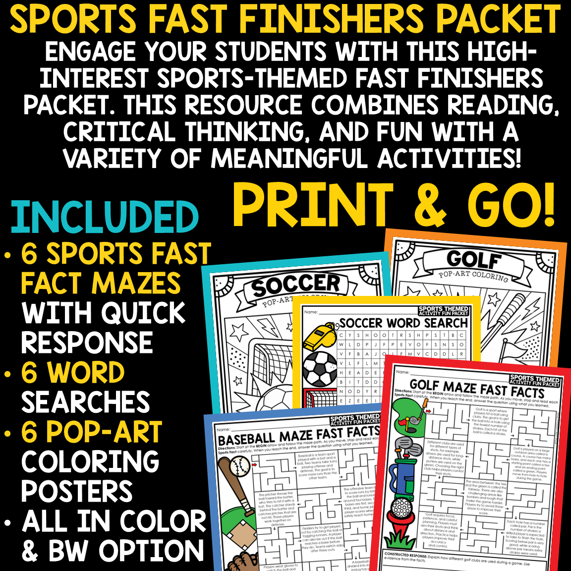 Fast Finishers Fun Friday Activities Sports-Themed Word Search Coloring Pages