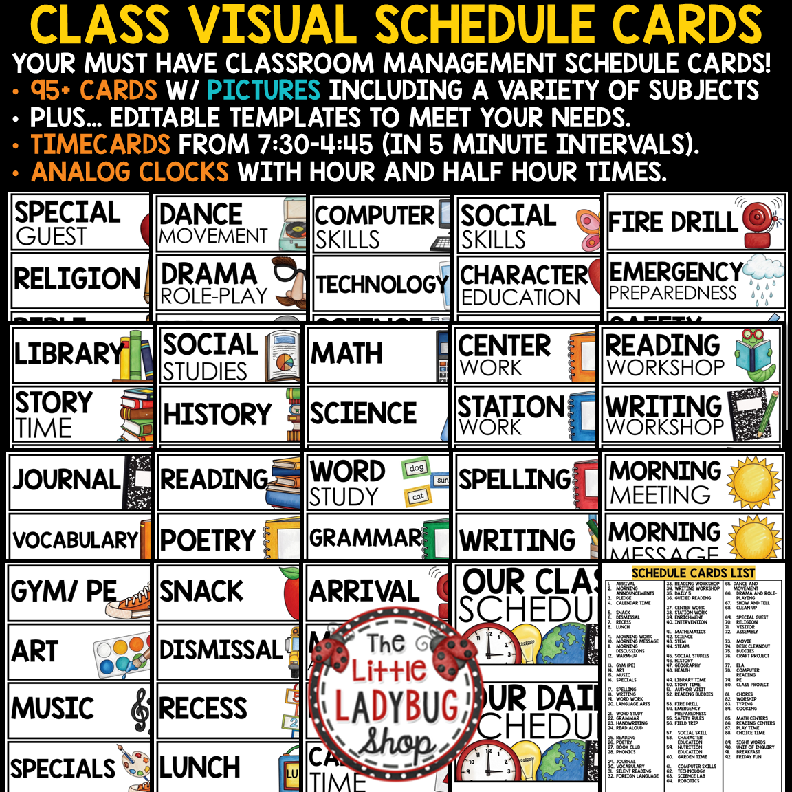 Editable Class Daily Visual Schedule Cards Templates with Pictures