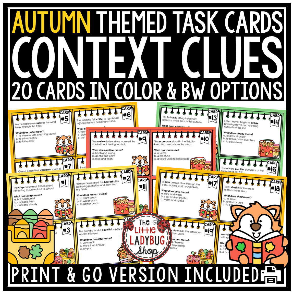 Fall Autumn Vocabulary Context Clues Task Cards 3rd 4th Grade