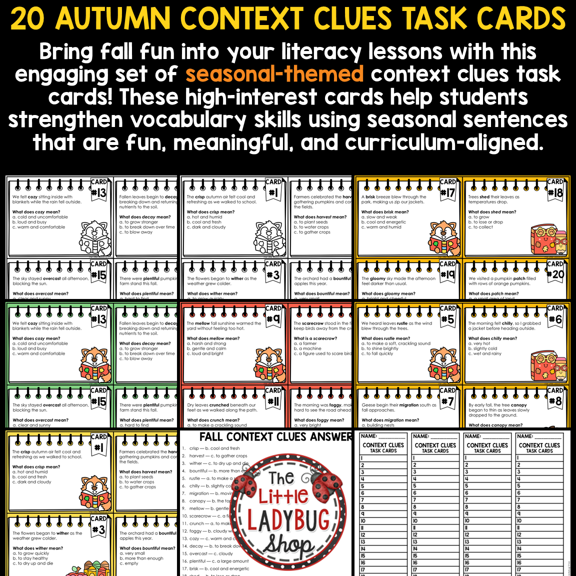 Fall Autumn Vocabulary Context Clues Task Cards 3rd 4th Grade