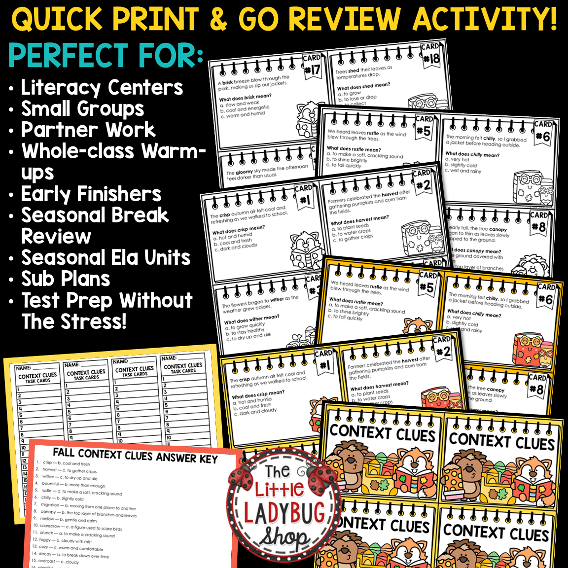 Fall Autumn Vocabulary Context Clues Task Cards 3rd 4th Grade