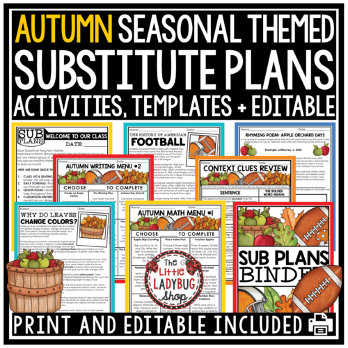 Fall Autumn Substitute Emergency Sub Plans Template 3rd 4th 5th Grade