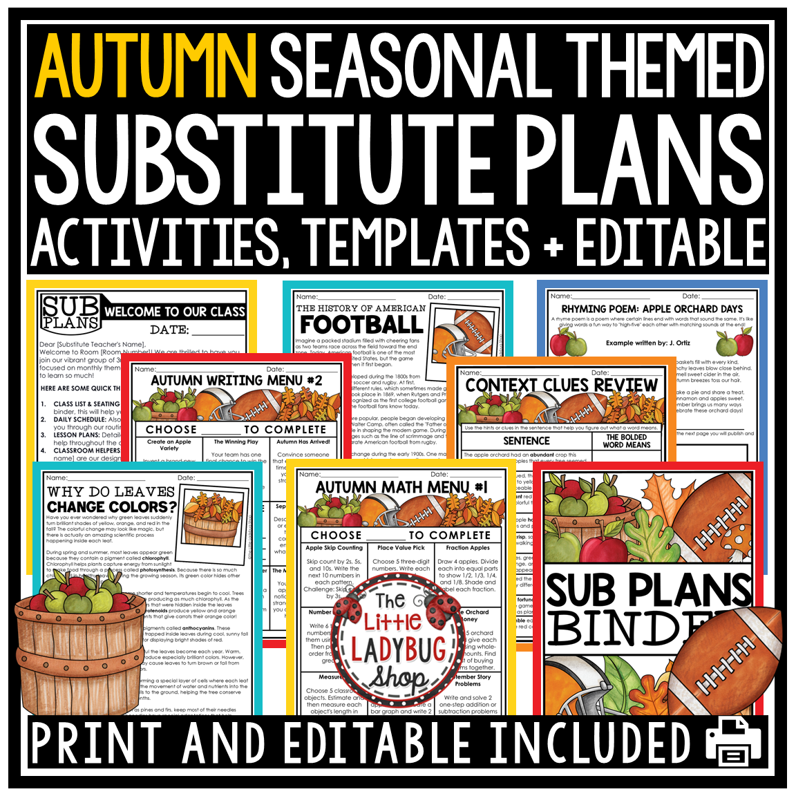 Fall September Substitute Emergency Sub Plans Template 3rd 4th Grade