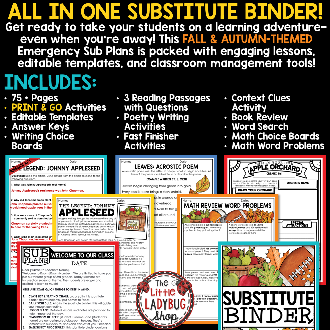 Fall September Substitute Emergency Sub Plans Template 3rd 4th Grade