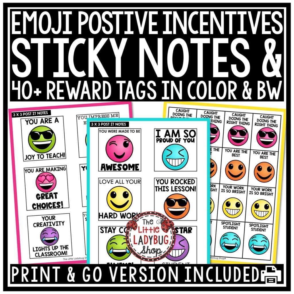 Emoji Positive Affirmations Sticky Notes and Reward Tags for students in elementary grades 2nd, 3rd, 4th grade.